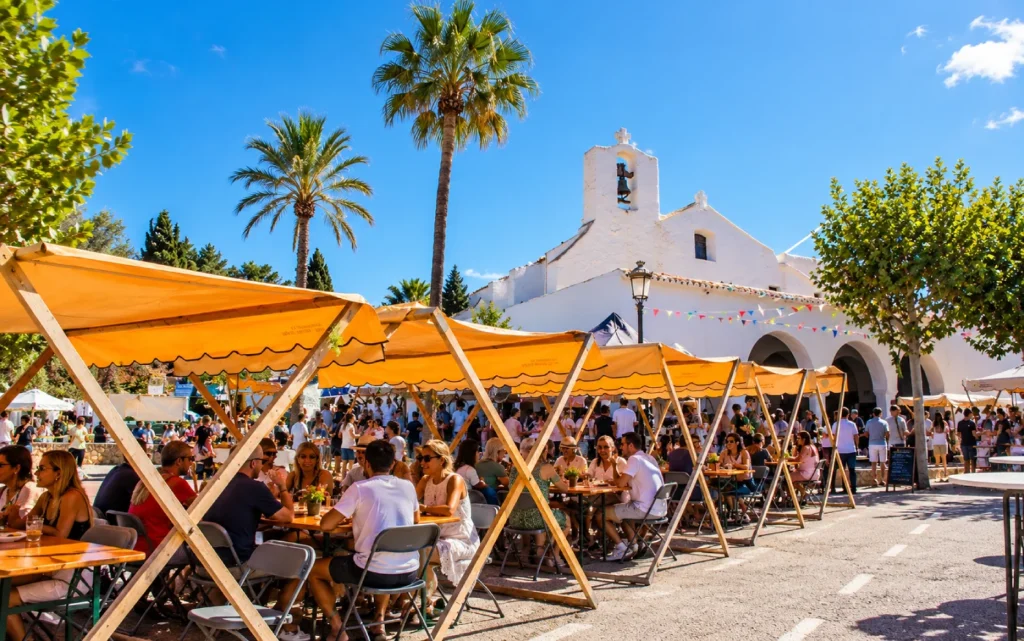 Visitors enjoying the Fira del Calamar squid festival in Sant Carles de Peralta, Ibiza, with outdoor dining tables and yellow market tents in front of the village church.