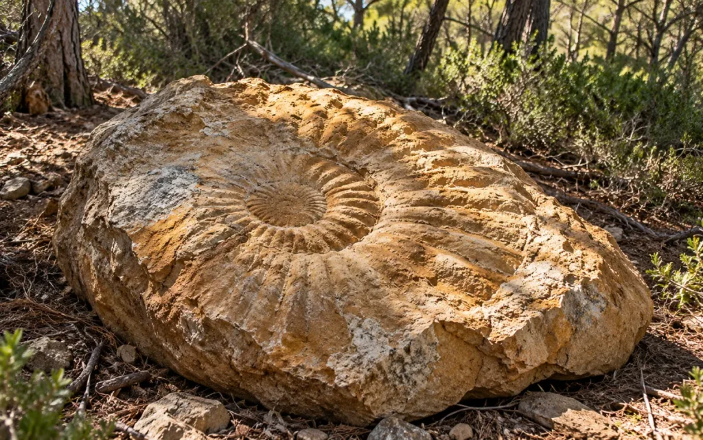 Giant ammonite fossil embedded in a large limestone rock on the forest floor, surrounded by pine trees and Mediterranean vegetation.