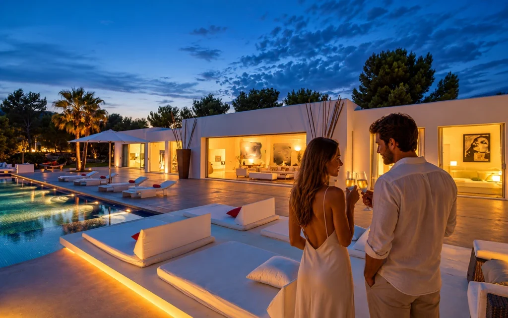 Couple enjoying a glass of cava by the pool of a luxury holiday rental villa in Ibiza at sunset.