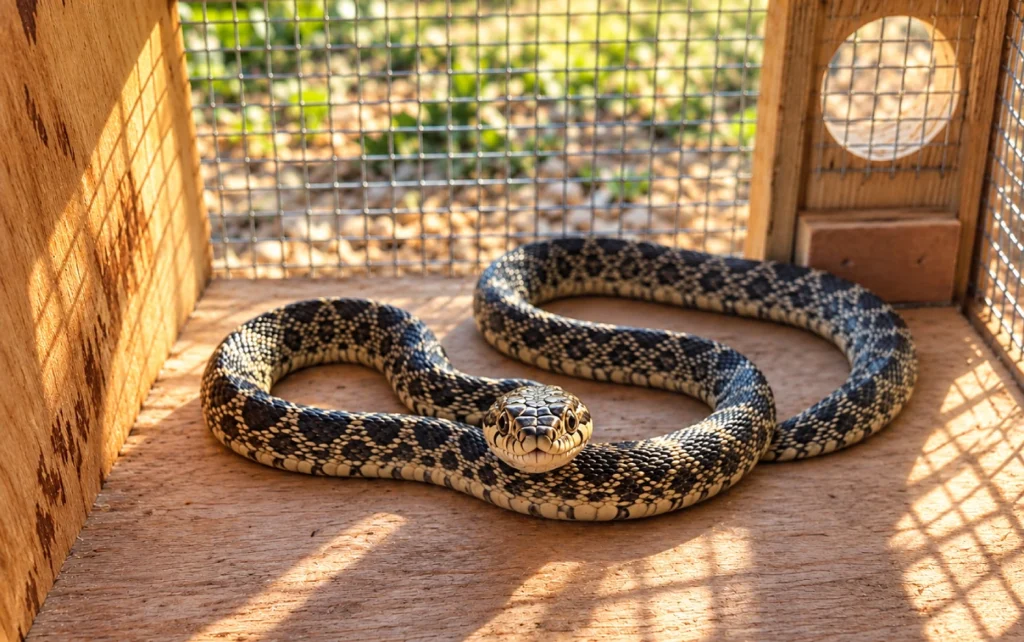 A snake captured inside a wooden and wire mesh trap in Ibiza, facing the camera with its body coiled on the floor.