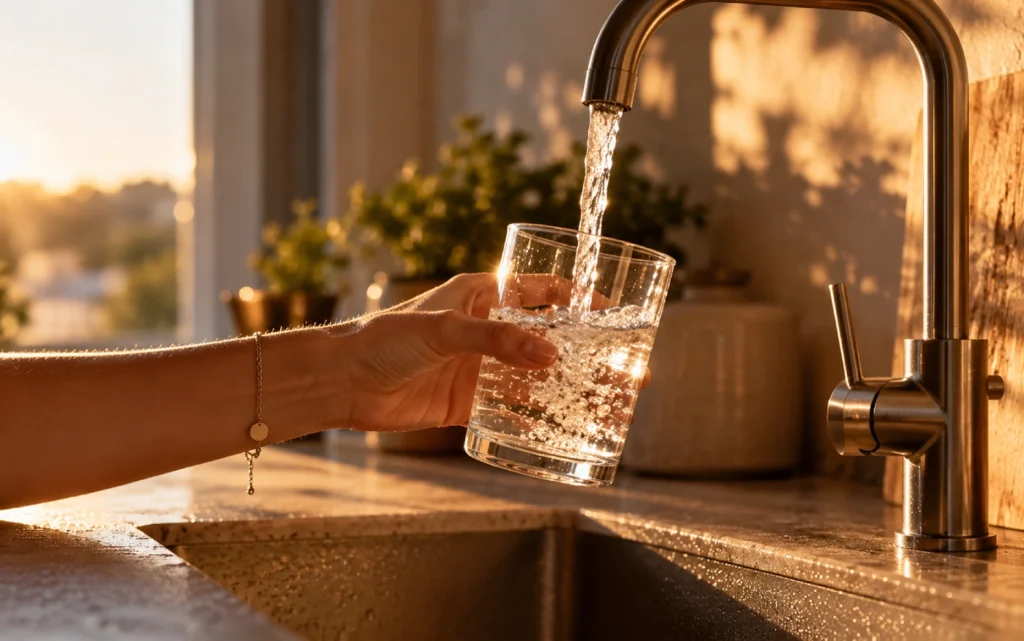 A woman's hand holding a glass under a running kitchen tap, with water flowing into the glass in warm golden light.