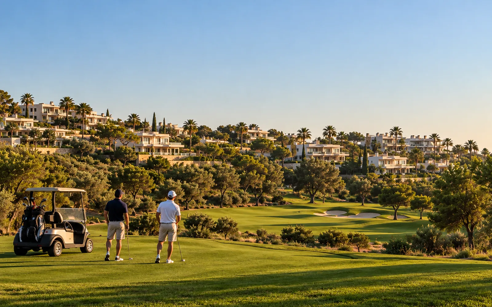 Two golfers standing beside a golf cart on a golf course overlooking luxury villas and residential apartments in Roca Llisa, Ibiza.